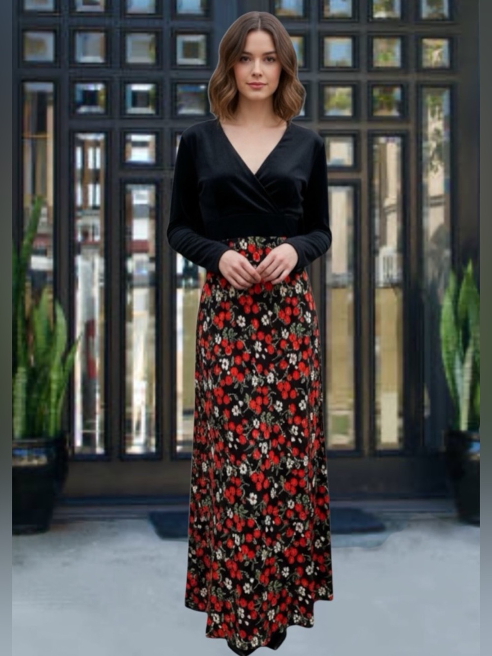 Vintage 60s Black Cherry and Floral Print Maxi Dress